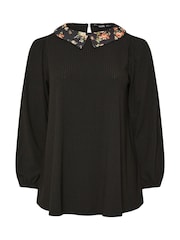 Yours Curve Black Collared Ribbed Balloon Sleeve Top - Image 4 of 4