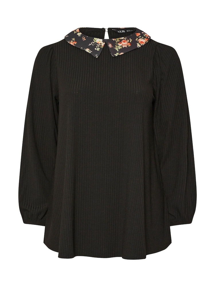 Yours Curve Black Collared Ribbed Balloon Sleeve Top - Image 4 of 4