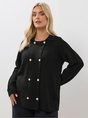 Yours Curve Black Double Breasted Cardigan - Image 1 of 5