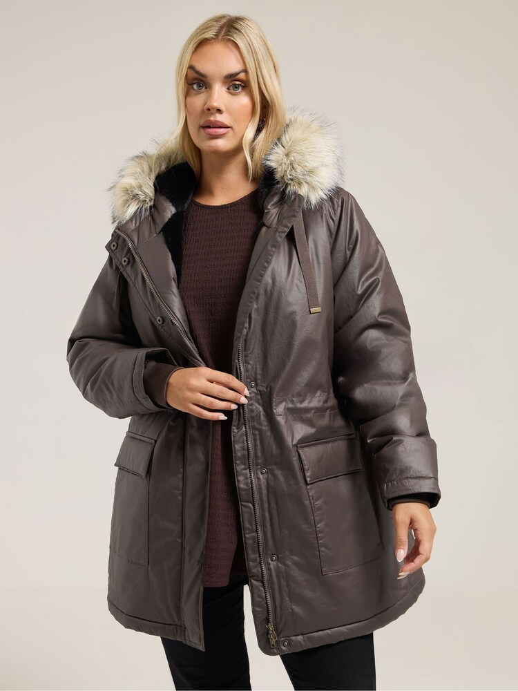 Yours Curve Brown Waxy Luxe Parka Coat - Image 1 of 5