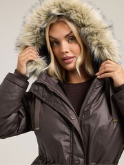 Yours Curve Brown Waxy Luxe Parka Coat - Image 4 of 5
