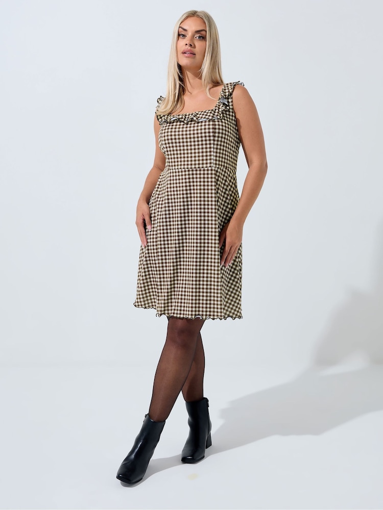 Yours Curve Brown Limited Gingham Frill Dress - Image 1 of 5