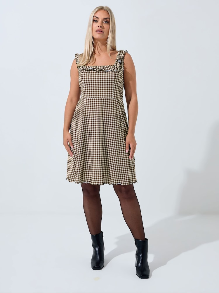 Yours Curve Brown Limited Gingham Frill Dress - Image 2 of 5