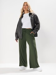 Yours Curve Green Wide Leg Ribbed Pull On Trousers - Image 1 of 5