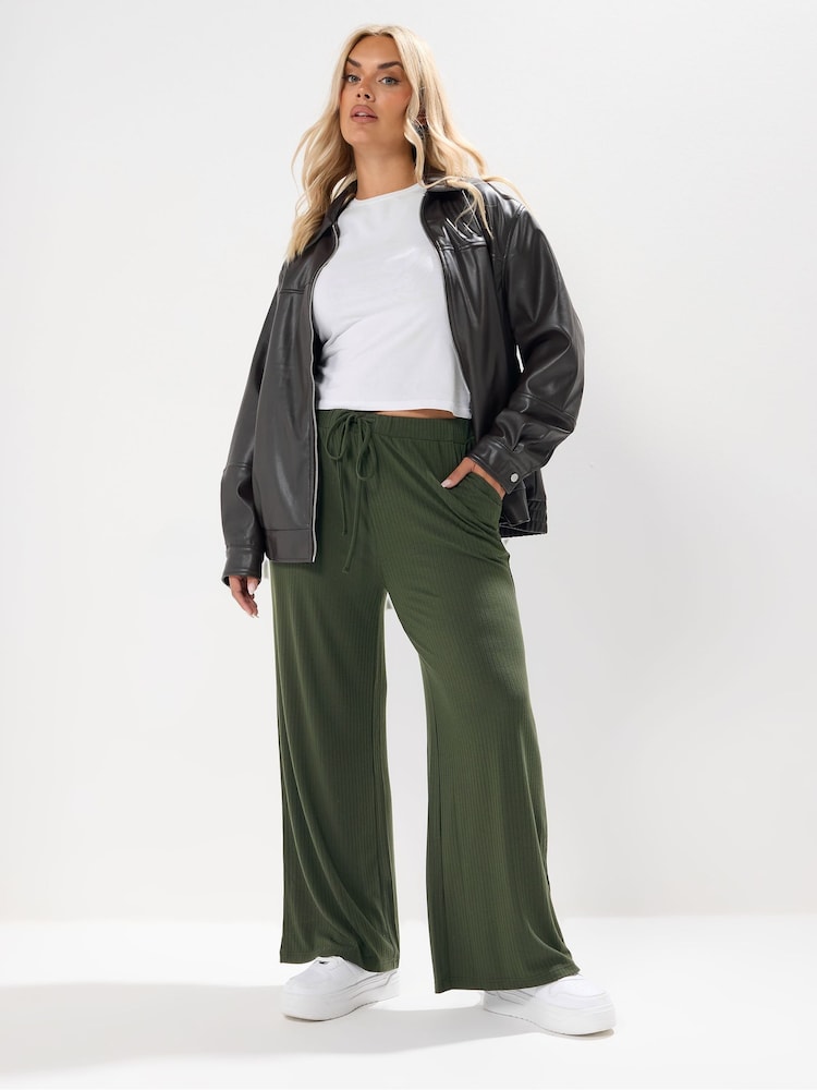 Yours Curve Green Wide Leg Ribbed Pull On Trousers - Image 1 of 5