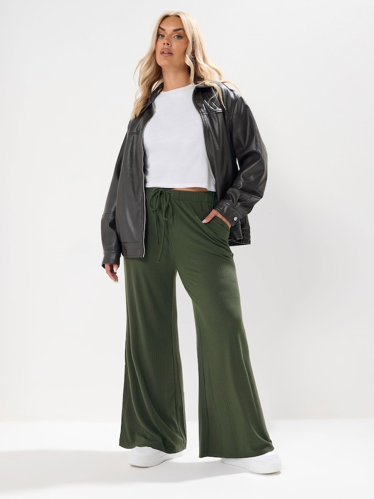 Yours Curve Green Wide Leg Ribbed Pull On Trousers - Image 1 of 5 Yours Curve Green Wide Leg Ribbed Pull On Trousers - Image 1 of 5