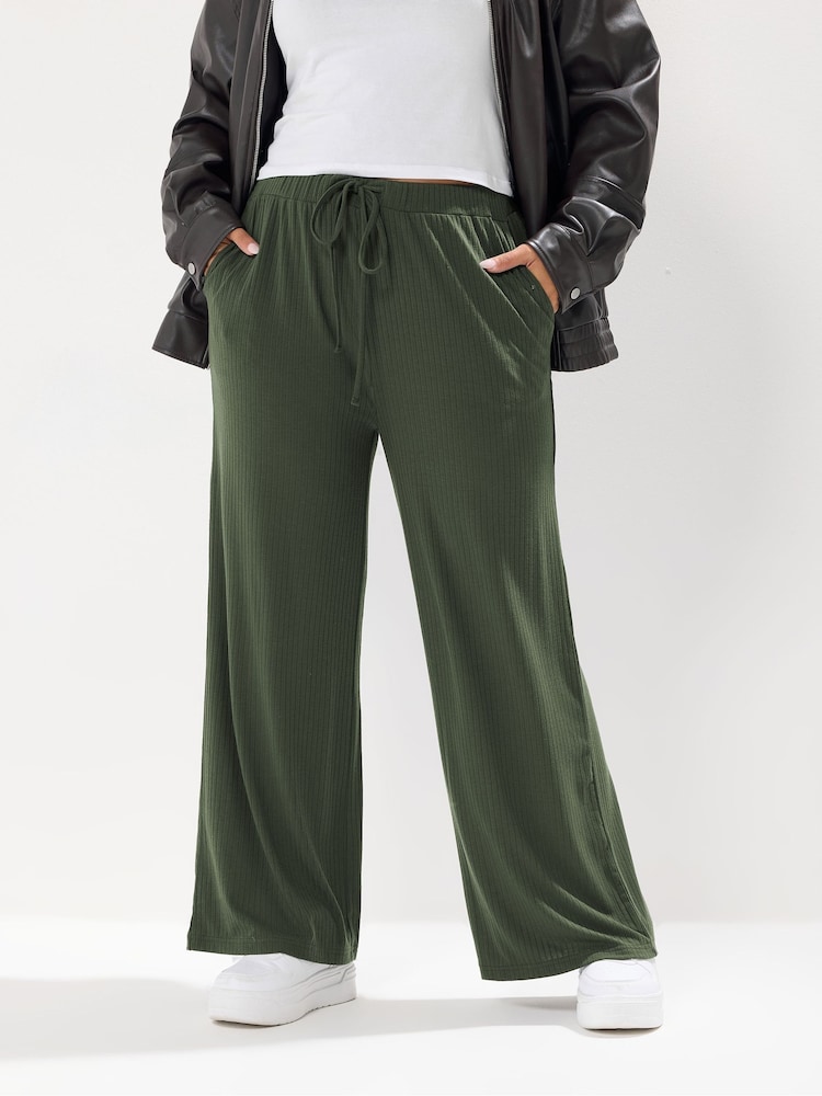 Yours Curve Green Wide Leg Ribbed Pull On Trousers - Image 2 of 5