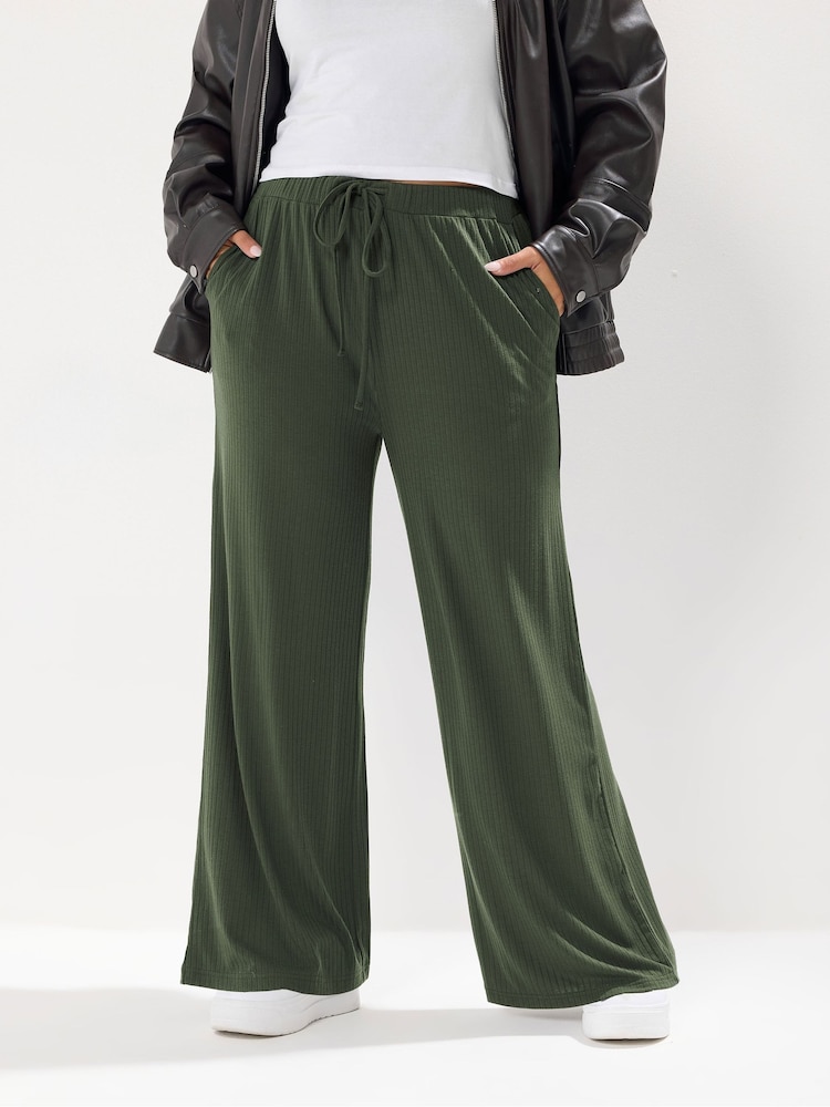 Yours Curve Green Wide Leg Ribbed Pull On Trousers - Image 2 of 5 Yours Curve Green Wide Leg Ribbed Pull On Trousers - Image 2 of 5