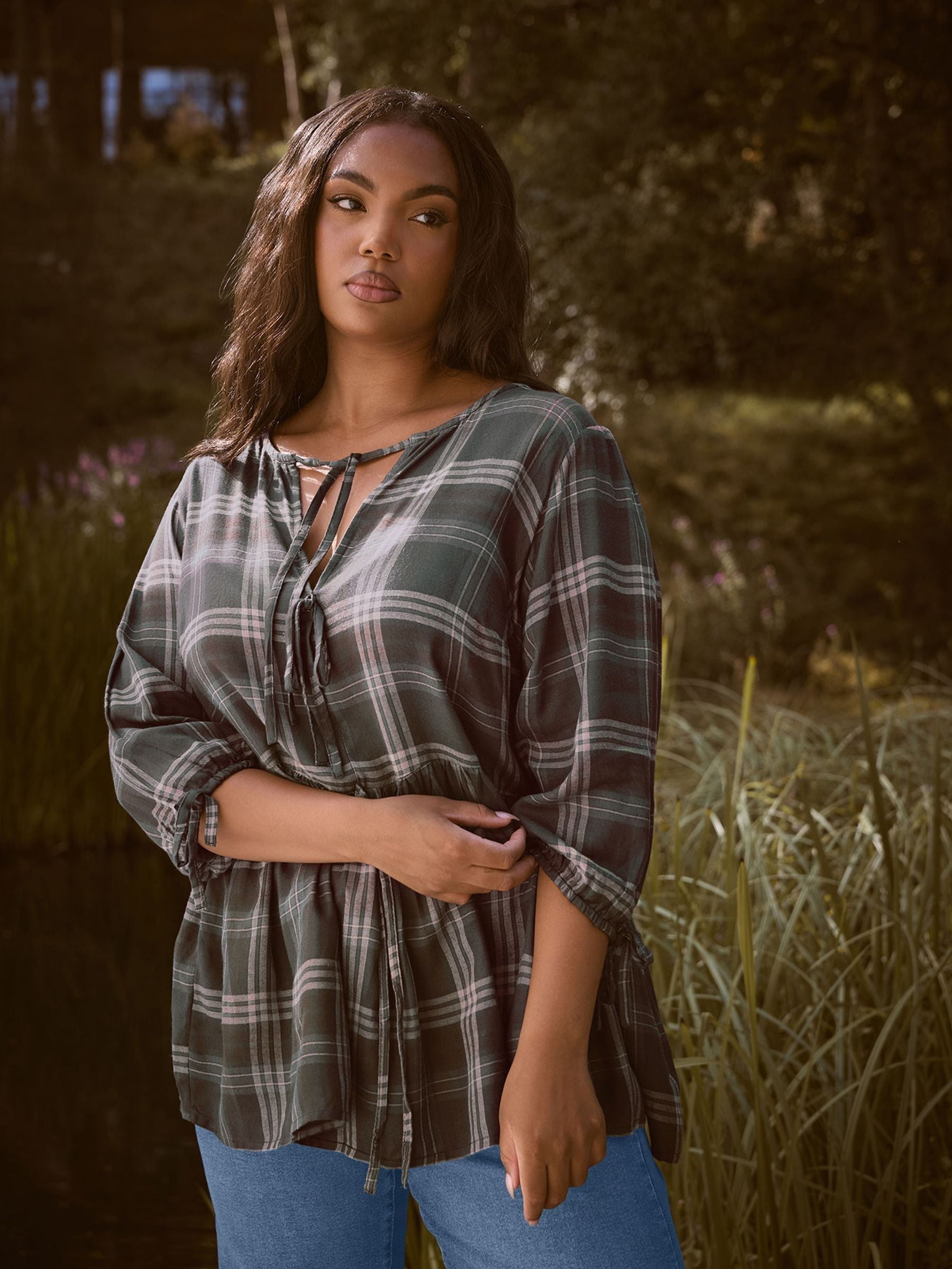Buy Yours Curve Brown Check Tie Front Peplum Top from Next Netherlands