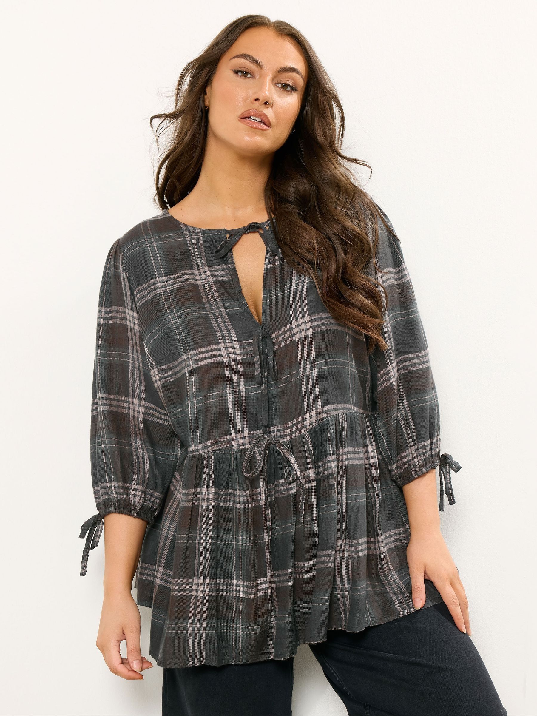 Buy Yours Curve Brown Check Tie Front Peplum Top from Next Canada