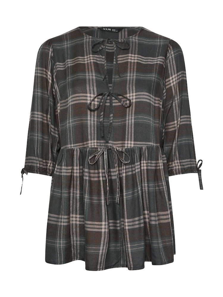 Yours Curve Brown Check Tie Front Peplum Top - Image 8 of 8