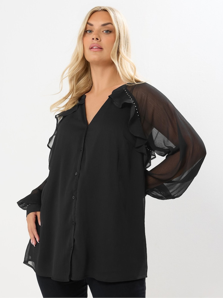 Yours Curve Black Party Studded Tapered Ruffle Blouse - Image 1 of 5 Yours Curve Black Party Studded Tapered Ruffle Blouse - Image 1 of 5