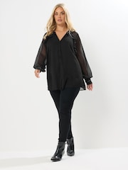 Yours Curve Black Party Studded Tapered Ruffle Blouse - Image 2 of 5