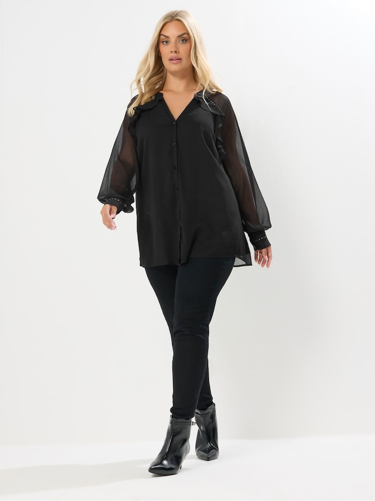 Yours Curve Black Party Studded Tapered Ruffle Blouse - Image 2 of 5 Yours Curve Black Party Studded Tapered Ruffle Blouse - Image 2 of 5