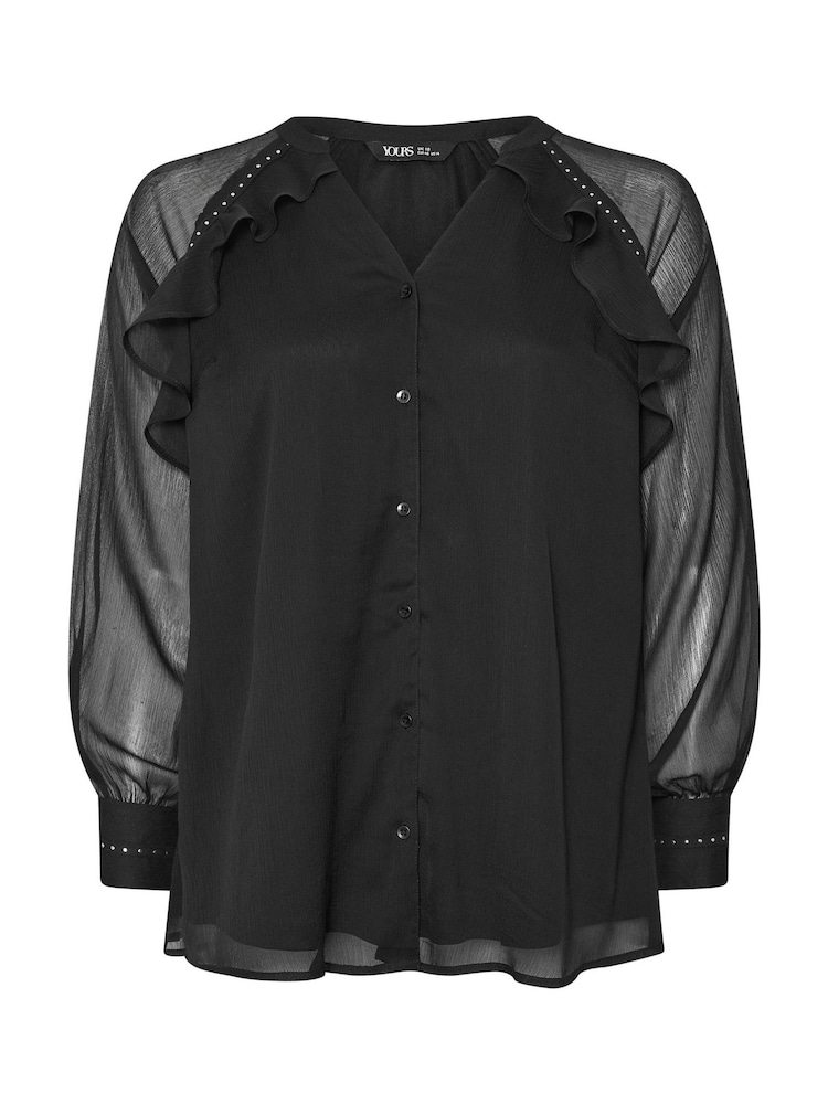 Yours Curve Black Party Studded Tapered Ruffle Blouse - Image 5 of 5 Yours Curve Black Party Studded Tapered Ruffle Blouse - Image 5 of 5