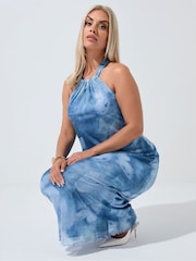Yours Curve Blue Limited Halter Neck Butterfly Dress - Image 1 of 5