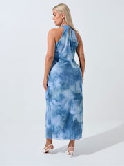 Yours Curve Blue Limited Halter Neck Butterfly Dress - Image 3 of 5