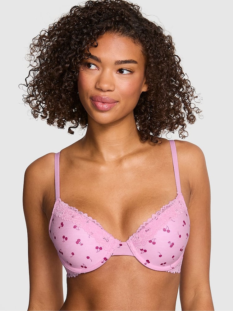 Victoria's Secret PINK Hushed Lilac Purple Cherry Print Lightly Lined Cotton Heather Lace Trim Bra - Image 2 of 3 Victoria's Secret PINK Hushed Lilac Purple Cherry Print Lightly Lined Cotton Heather Lace Trim Bra - Image 2 of 3