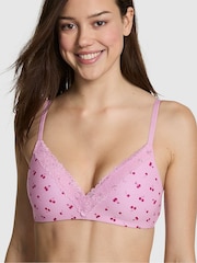 Victoria's Secret PINK Hushed Lilac Purple Cherry Print Non Wired Lightly Lined Cotton Heather Lace Trim Bra - Image 1 of 2