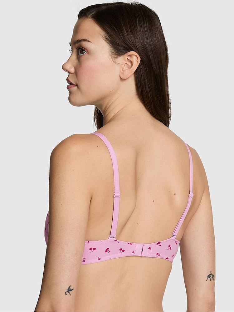 Victoria's Secret PINK Hushed Lilac Purple Cherry Print Non Wired Lightly Lined Cotton Heather Lace Trim Bra - Image 2 of 2