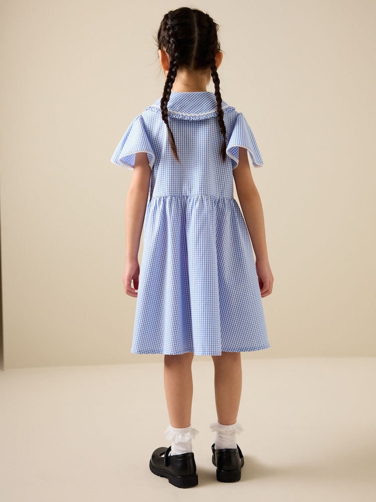 blue gingham apron dress Girls Next Cotton Rich Angel Sleeve School (3-14yrs) 8 Years Fashion for Fuller Busts: Size_4 Women's Wide US Size:7.5W This timeless gingham maxi