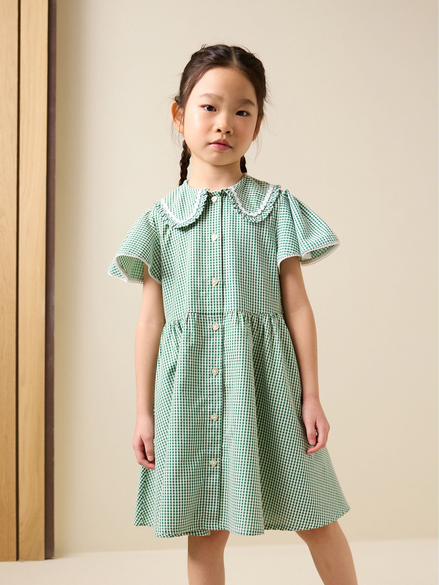 Buy Green Gingham Cotton Rich Angel Sleeve School Dress (3-14yrs