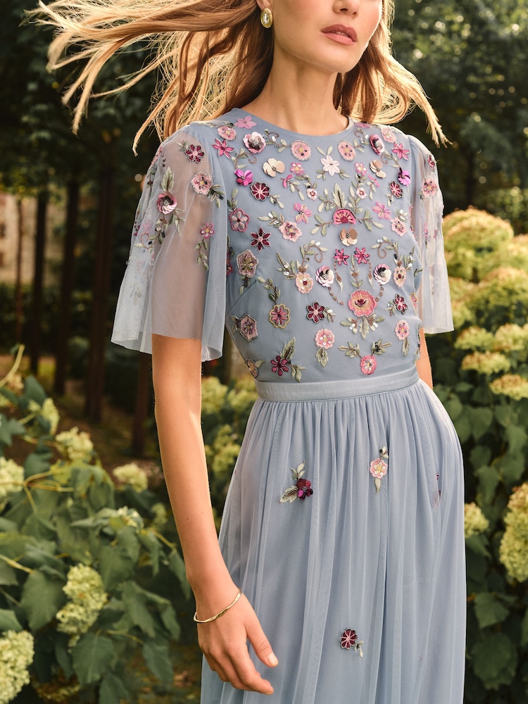 Love & Roses Pale Blue Tall Embroidered Angel Sleeve Maxi Dress - Image 2 of 4 Love & Roses Pale Blue Tall Embroidered Angel Sleeve Maxi Dress - Image 2 of 4