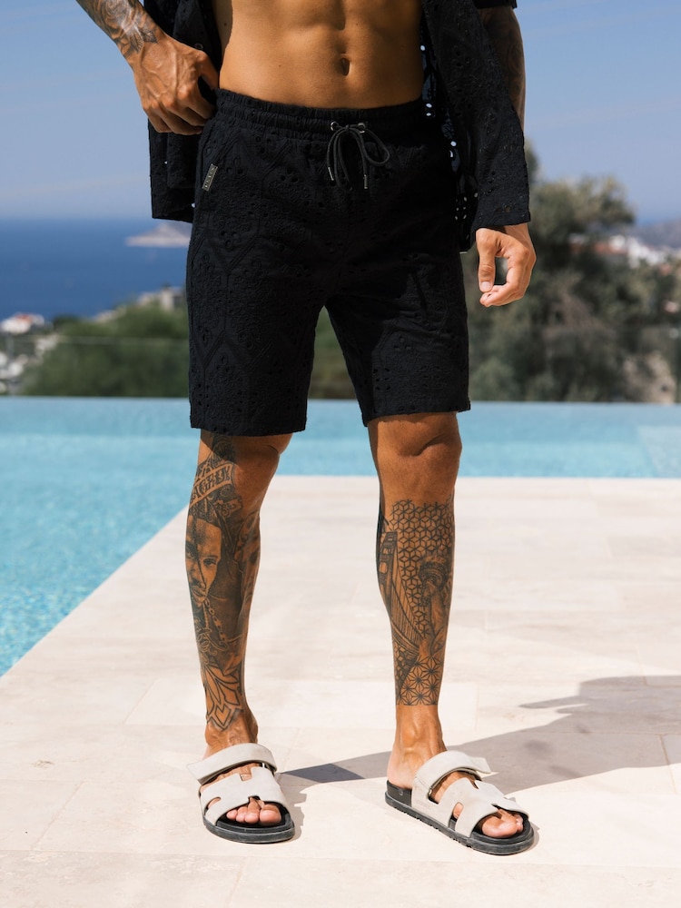 MAUVAIS Black Destino Embroidered Relaxed Fit Shorts - Image 1 of 7 MAUVAIS Black Destino Embroidered Relaxed Fit Shorts - Image 1 of 7