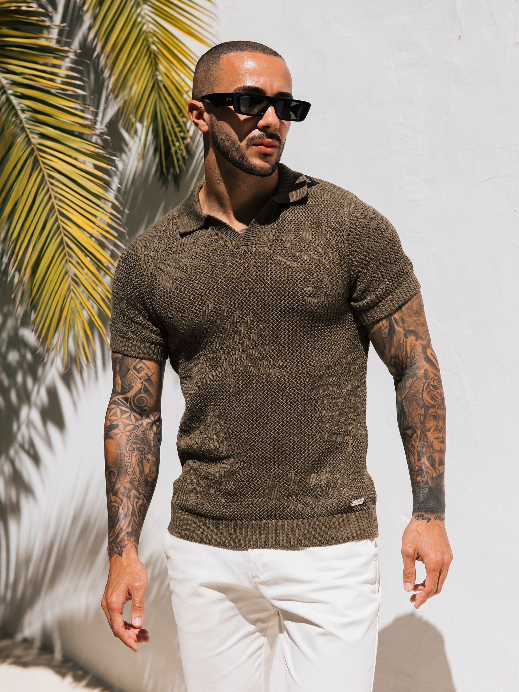 MAUVAIS Green Tropics Crochet Knit Polo