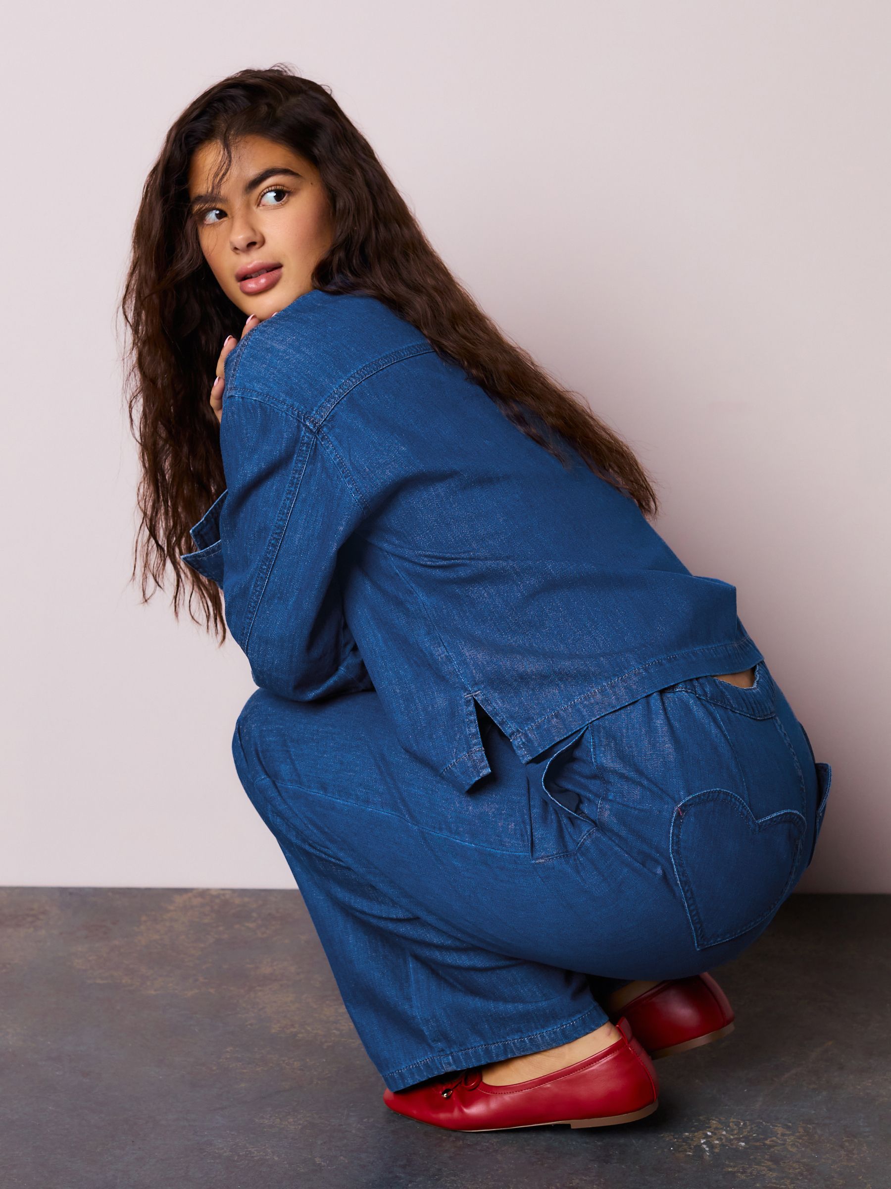 Buy Dark Blue Heart Pocket Detail Wide Leg Joggers Jeans from the