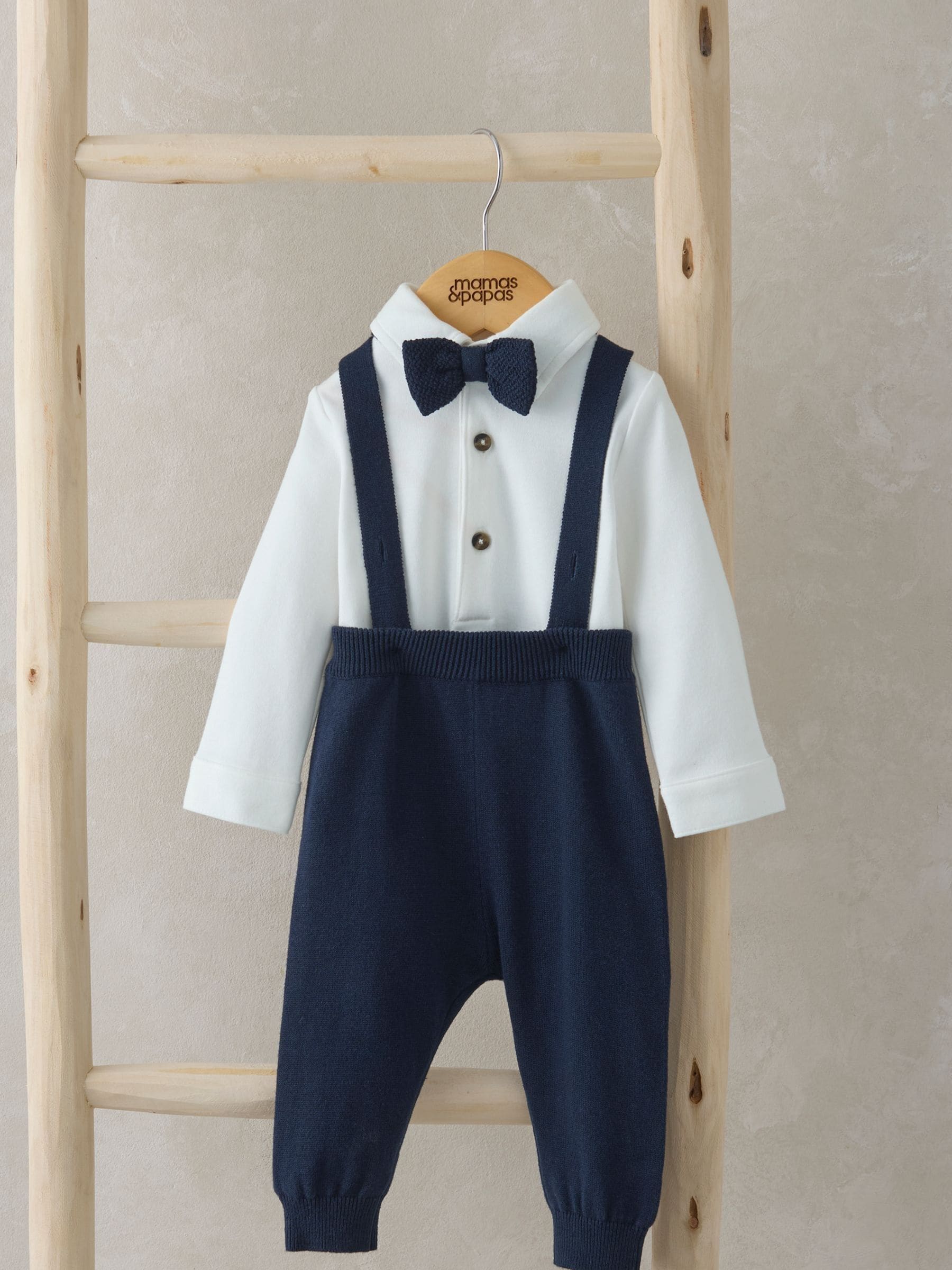 Mamas & Papas Blue Bow Tie Braces Bodysuit & Trousers Outfit Set view 1