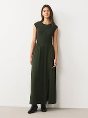 Verde caqui - Cap Sleeve Shirred Body Jersey Midi Dress - Imagen 2 de 9