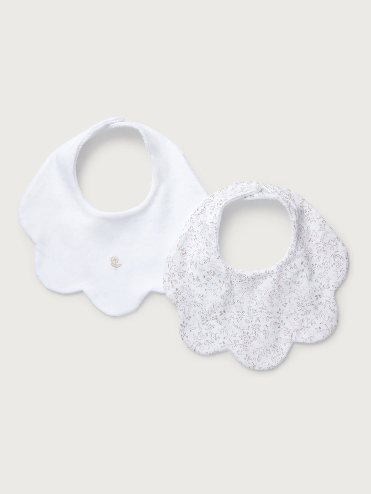 The White Company Clementine Floral Embroidered Scallop White Bibs 2 Pack - Image 1 of 4