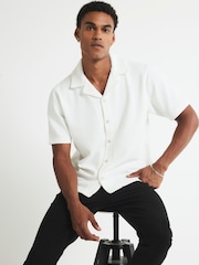 River Island Cream Slim Fit Textured Revere Jersey Shirt - Image 1 of 4