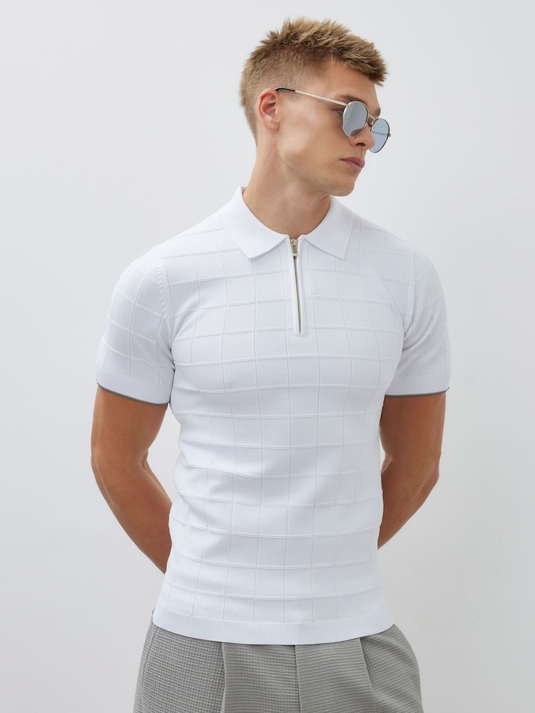 River Island White Grid Textured Muscle Fit Knit Polo Shirt - Image 1 of 4 River Island White Grid Textured Muscle Fit Knit Polo Shirt - Image 1 of 4
