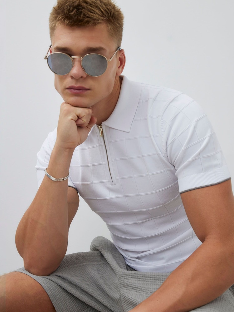 River Island White Grid Textured Muscle Fit Knit Polo Shirt - Image 4 of 4 River Island White Grid Textured Muscle Fit Knit Polo Shirt - Image 4 of 4