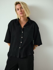 Black Textured Short Sleeve Shirt with Linen - Image 3 of 8