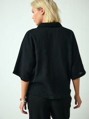 Black Textured Short Sleeve Shirt with Linen - Image 4 of 8