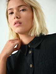 Black Textured Short Sleeve Shirt with Linen - Image 5 of 8