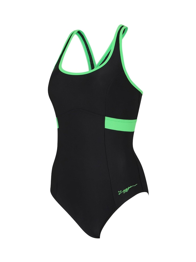 Zoggs Dakota Crossback Black Swimsuit with built in Shelf Bra Support - Imagen 1 de 2