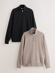 Black/Stone Cotton Rich Lightweight Jersey Sweat top Quarter  Zip 2 Pack - Image 1 of 11