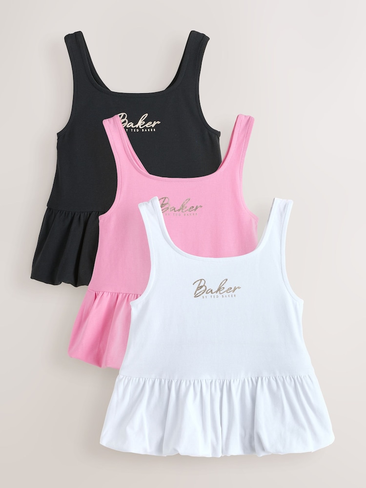 Baker by Ted Baker 3 Pack Bubble Hem Pink/Black/White Vest Tops - Imaginea 1 din 8