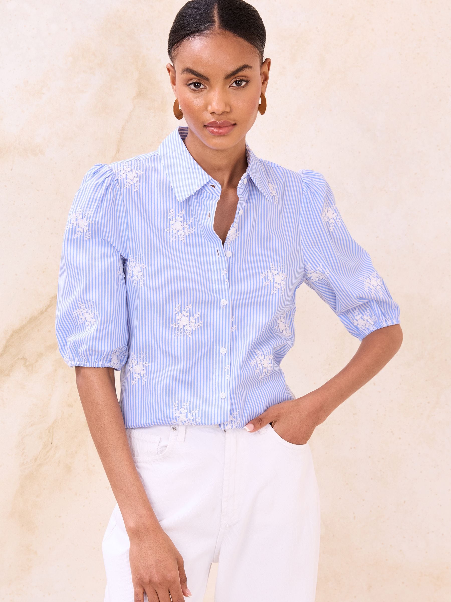 Buy Lipsy Blue Stripe Floral Embroidered Poplin 3/4 Sleeve Shirt