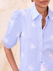 Lipsy Blue Stripe Floral Embroidered Poplin 3/4 Sleeve Shirt - Image 2 of 4