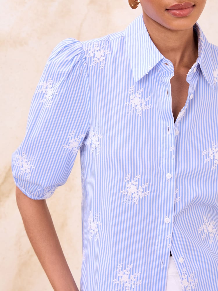 Lipsy Blue Stripe Floral Embroidered Poplin 3/4 Sleeve Shirt - Image 2 of 4