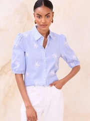 Lipsy Blue Stripe Floral Embroidered Poplin 3/4 Sleeve Shirt - Image 3 of 4