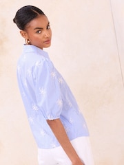 Lipsy Blue Stripe Floral Embroidered Poplin 3/4 Sleeve Shirt - Image 4 of 4