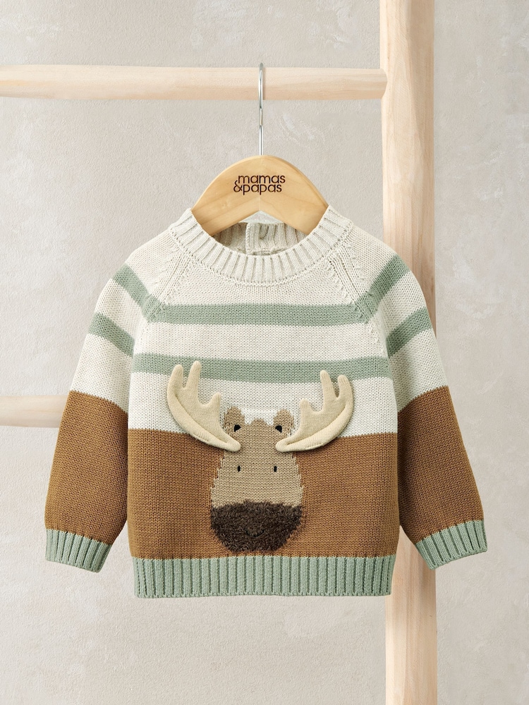 Mamas & Papas Moose Knit Brown Jumper with 3D Antlers - Image 1 of 3 Mamas & Papas Moose Knit Brown Jumper with 3D Antlers - Image 1 of 3