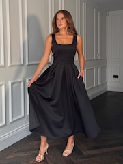 Girl In Mind Black Erica Square Neck Pleated Midi Dress - Image 1 of 6