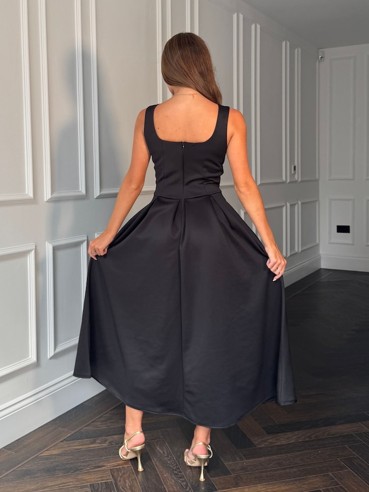Girl In Mind Black Erica Square Neck Pleated Midi Dress - Image 2 of 6